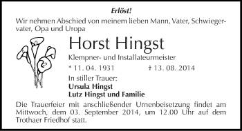 Traueranzeige von Horst Hingst von Mitteldeutsche Zeitung Halle/Saalkreis