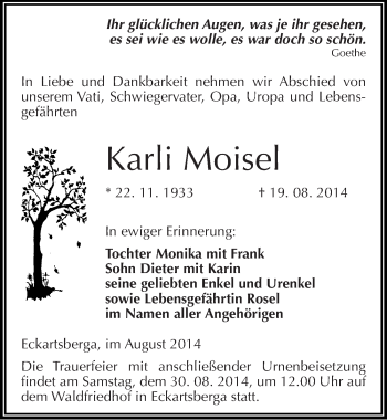 Traueranzeige von Karli Moisel von Mitteldeutsche Zeitung Naumburg/Nebra
