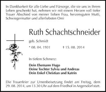Traueranzeige von Ruth Schachtschneider von Mitteldeutsche Zeitung Halle/Saalkreis