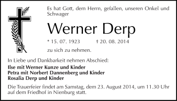 Traueranzeige von Werner Derp von Mitteldeutsche Zeitung Bernburg