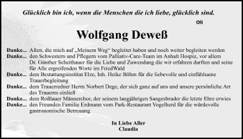 Traueranzeige von Wolfgang Deweß von Mitteldeutsche Zeitung Dessau-Roßlau