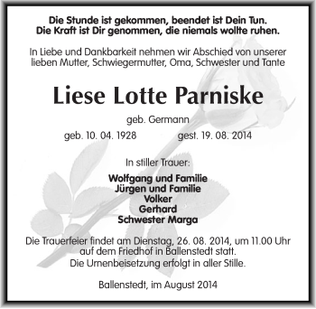 Traueranzeige von Liese Lotte Parniske von Mitteldeutsche Zeitung Quedlinburg