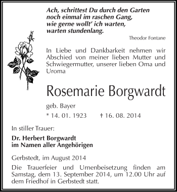 Traueranzeige von Rosemarie Borgwardt von Mitteldeutsche Zeitung Mansfelder Land