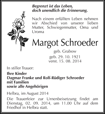 Traueranzeige von Margot Schroeder von Mitteldeutsche Zeitung Mansfelder Land