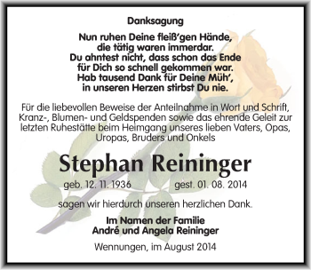 Traueranzeige von Stephan Reininger von Mitteldeutsche Zeitung Naumburg/Nebra