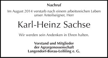 Traueranzeige von Karl-Heinz Sachse von Mitteldeutsche Zeitung Weißenfels