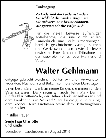 Traueranzeige von Walter Gehlmann von Mitteldeutsche Zeitung Sangerhausen