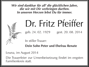 Traueranzeige von Fritz Pfeiffer von Mitteldeutsche Zeitung Merseburg/Querfurt