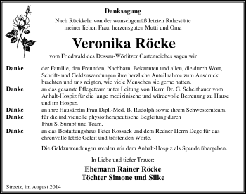 Traueranzeige von Veronika Röcke von Mitteldeutsche Zeitung Dessau-Roßlau