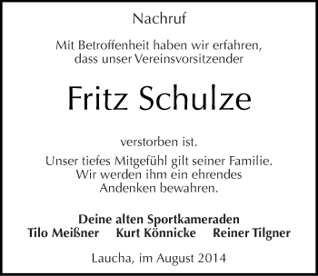 Traueranzeige von Fritz Schulze von Mitteldeutsche Zeitung Naumburg/Nebra