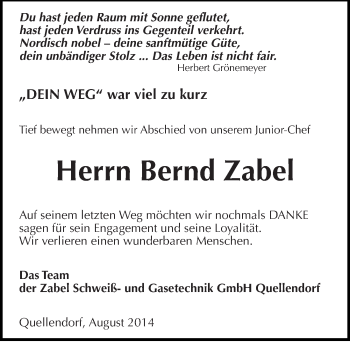 Traueranzeige von Bernd Zabel von Mitteldeutsche Zeitung