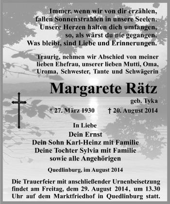 Traueranzeige von Margarete Rätz von Mitteldeutsche Zeitung Quedlinburg