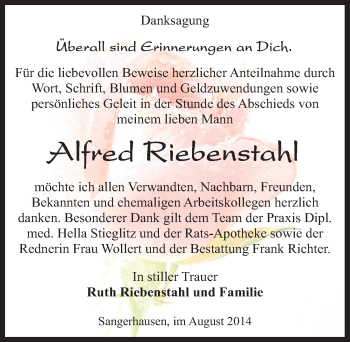 Traueranzeige von Alfred Riebenstahl von Mitteldeutsche Zeitung Sangerhausen