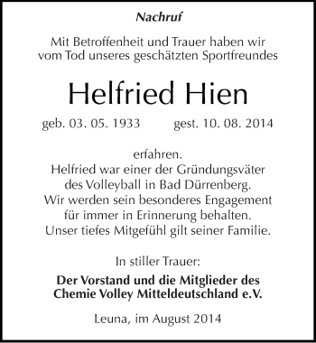 Traueranzeige von Helfried Hien von Mitteldeutsche Zeitung Merseburg/Querfurt