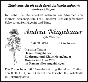 Traueranzeige von Andrea Neugebauer von Mitteldeutsche Zeitung Bernburg