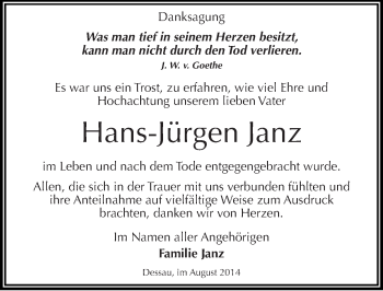 Traueranzeige von Hans-Jürgen Janz von Mitteldeutsche Zeitung Dessau-Roßlau