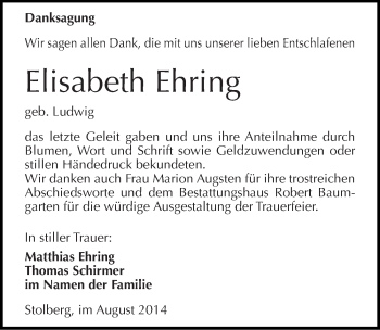 Traueranzeige von Elisabeth Ehring von Mitteldeutsche Zeitung Sangerhausen
