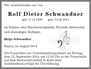 Traueranzeige von Rolf Dieter Schwandner von Mitteldeutsche Zeitung Zeitz