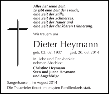 Traueranzeige von Dieter Heymann von Mitteldeutsche Zeitung Sangerhausen