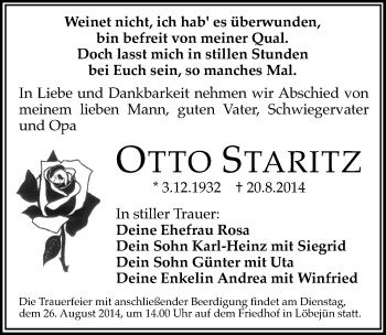 Traueranzeige von Otto Staritz von Mitteldeutsche Zeitung Halle/Saalkreis