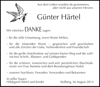 Traueranzeige von Günter Härtel von Mitteldeutsche Zeitung Sangerhausen