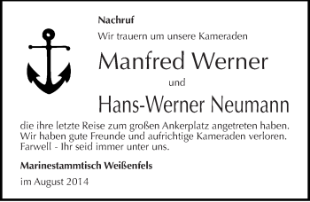 Traueranzeige von Hans-Werner und Manfred Neumann von Mitteldeutsche Zeitung Weißenfels