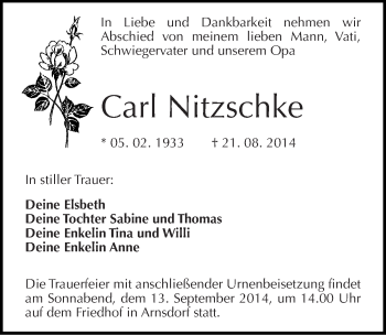 Traueranzeige von Carl Nitzschke von Mitteldeutsche Zeitung Wittenberg