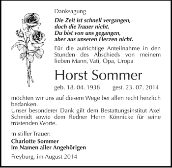 Traueranzeige von Horst Sommer von Mitteldeutsche Zeitung Naumburg/Nebra