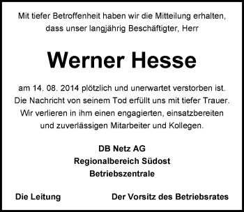 Traueranzeige von Werner Hesse von Mitteldeutsche Zeitung Naumburg/Nebra