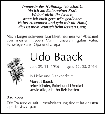 Traueranzeige von Udo Baack von Mitteldeutsche Zeitung Naumburg/Nebra