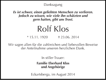 Traueranzeige von Rolf Klos von Mitteldeutsche Zeitung Naumburg/Nebra