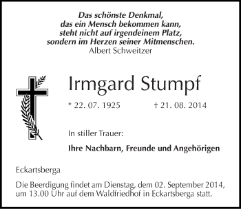Traueranzeige von Irmgard Stumpf von Mitteldeutsche Zeitung Naumburg/Nebra