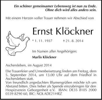 Traueranzeige von Ernst Klöckner von Mitteldeutsche Zeitung Aschersleben