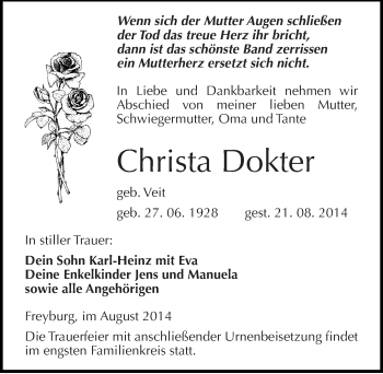 Traueranzeige von Christa Dokter von Mitteldeutsche Zeitung Naumburg/Nebra