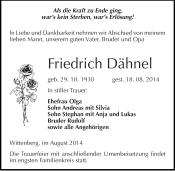 Traueranzeige von Friedrich Dähnel von Mitteldeutsche Zeitung Wittenberg