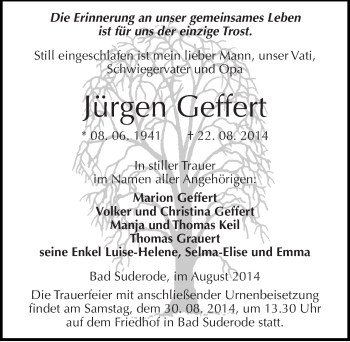 Traueranzeige von Jürgen Geffert von Mitteldeutsche Zeitung Quedlinburg