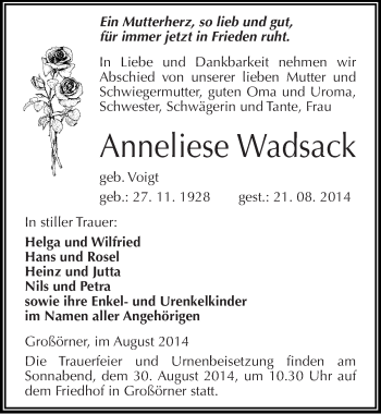 Traueranzeige von Anneliese Wadsack von Mitteldeutsche Zeitung Mansfelder Land