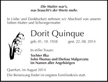 Traueranzeige von Dorit Quinque von Mitteldeutsche Zeitung Merseburg/Querfurt