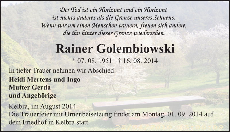  Traueranzeige für Rainer Golembiowski vom 26.08.2014 aus Mitteldeutsche Zeitung Sangerhausen