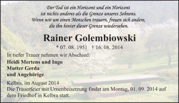 Traueranzeige von Rainer Golembiowski von Mitteldeutsche Zeitung Sangerhausen
