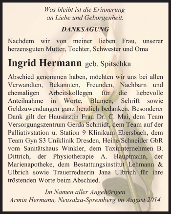 Traueranzeige von Ingrid Hermann von Mitteldeutsche Zeitung Weißenfels