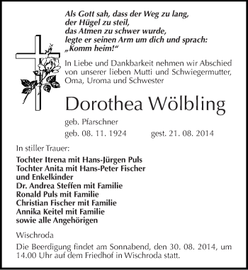 Traueranzeige von Dorothea Wölbling von Mitteldeutsche Zeitung Naumburg/Nebra