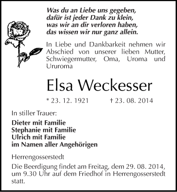 Traueranzeige von Elsa Weckesser von Mitteldeutsche Zeitung Naumburg/Nebra