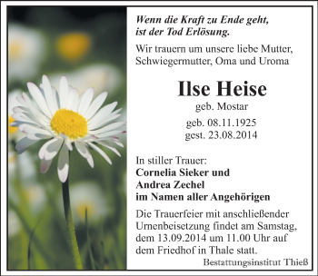 Traueranzeige von Ilse Heise von Mitteldeutsche Zeitung Quedlinburg