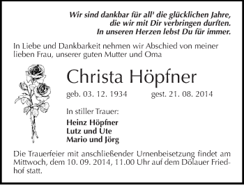 Traueranzeige von Christa Höpfner von Mitteldeutsche Zeitung Halle/Saalkreis