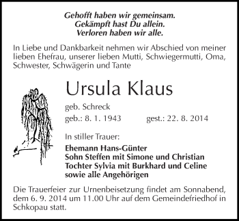 Traueranzeige von Ursula Klaus von Mitteldeutsche Zeitung Merseburg/Querfurt