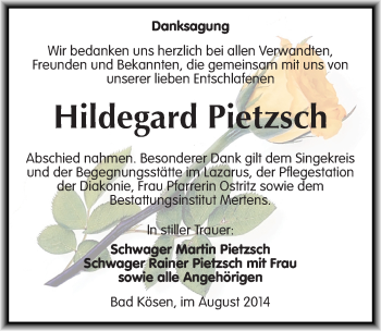 Traueranzeige von Hildegard Pietzsch von Mitteldeutsche Zeitung Naumburg/Nebra