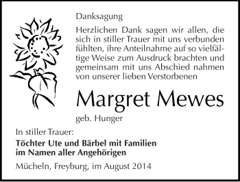 Traueranzeige von Margret Mewes von Mitteldeutsche Zeitung Merseburg/Querfurt