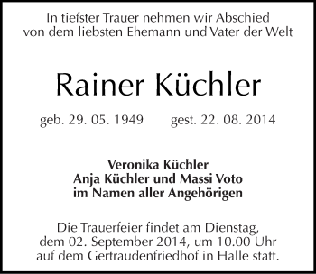 Traueranzeige von Rainer Küchler von Mitteldeutsche Zeitung Halle/Saalkreis