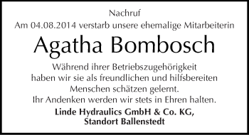 Traueranzeige von Agatha Bombosch von Mitteldeutsche Zeitung Quedlinburg